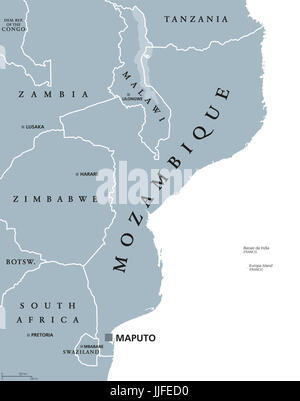 Mozambique political map with capital Maputo. Republic and country in Southeast Africa bordered by the Indian Ocean. Gray illustration isolated. Stock Photo