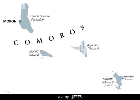 Comoros political map with capital Moroni and French island Mayotte. Union and sovereign archipelago island nation in the Indian Ocean. Stock Photo