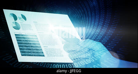 Cropped hand pointing on white background against spiral of shiny binary code Stock Photo