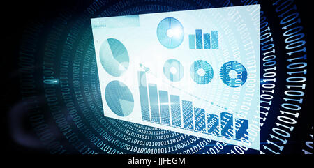 Blue graphics on white background against spiral of shiny binary code Stock Photo