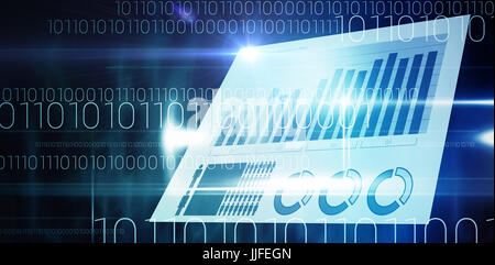 Blue graphics on white background against blue technology design with binary code Stock Photo