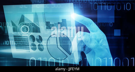 Cropped image of businessman pointing against blue technology design with binary code Stock Photo