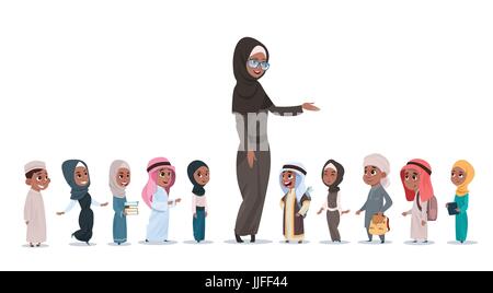 Arab Children Pupils With Female Teacher Muslim Schoolchildren Group Stock Vector