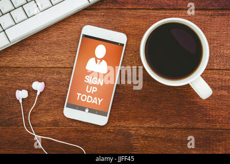 Vector image of Sign Up Now text with human icon  against view of a mug of coffee and a smartphone Stock Photo