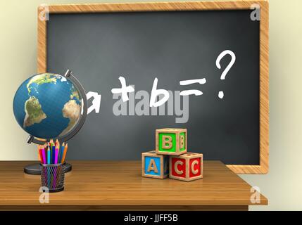 3d illustration of grey chalkboard with math exercise text and abc cubes Stock Photo