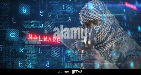 Portrait of face covered soldier aiming with rifle against black Stock ...