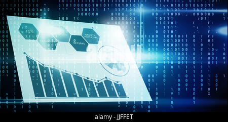 Blue graphics on white background against blue technology interface with binary code Stock Photo