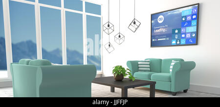 Digitally generated image of progress bar and text with various icons against blue sofas in modern living room Stock Photo