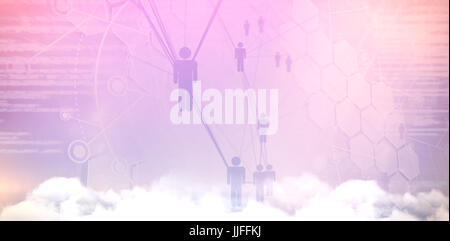 People icons and binary codes against low angle view of clouds against sky Stock Photo
