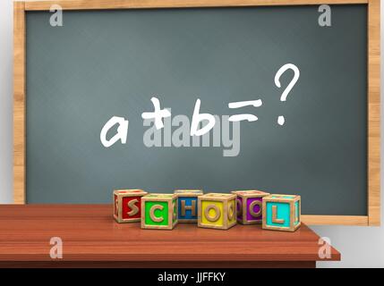 3d illustration of chalkboard with math exercise text and letters cubes Stock Photo