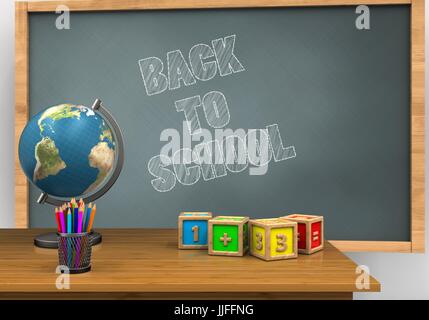 3d illustration of chalkboard with back to school text and math cubes Stock Photo