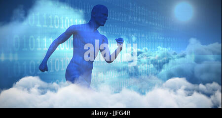 Composite image of blue character running against idyllic view of sun over cloudscape during sunny day Stock Photo