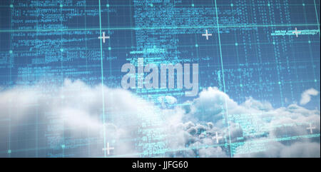 Blue and grey matrix and codes against idyllic view of cloudscape against sky Stock Photo
