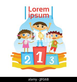 Children Group Standing On Pedestal Getting Prizes In Competition Stock Vector
