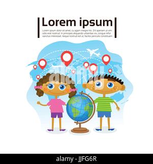 Small Kids Holding Globe Over World Map, Children Learning Geography Hobby Stock Vector