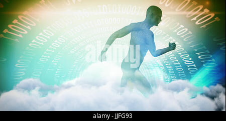 Composite image of blue character running against scenic view of white clouds against sky Stock Photo