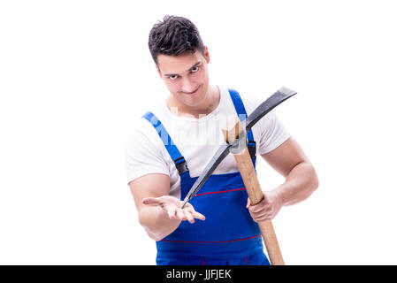 Man with a digging axe hoe on white background isolated Stock Photo