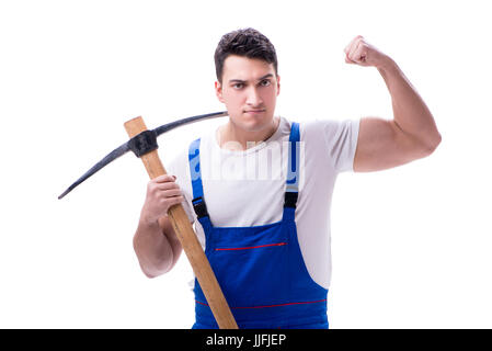 Man with a digging axe hoe on white background isolated Stock Photo