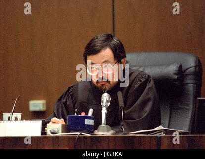 Superior Court Judge Lance Ito presides during the trial of former NFL star running back O.J. Simpson for the murder of his former wife, Nicole Brown Simpson and a friend of hers, restaurant waiter, Ron Goldman in Los Angeles County Superior Court in Los Angeles, California on July 13, 1995. Credit: Steve Grayson / Pool via CNP /MediaPunch Stock Photo