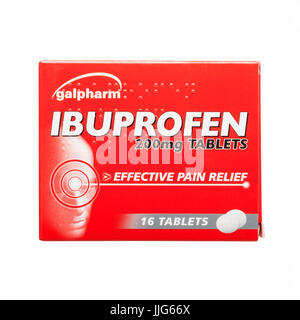 A packet of galpharm ibuprofen pain relief tablets on a white background Stock Photo