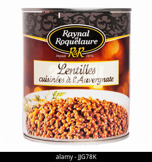 A tin of Lentils on a white background Stock Photo