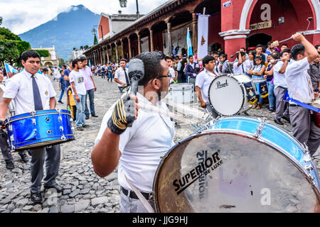 Antigua, Guatemala - September 15, 2015: School band marches in streets during Guatemalan Independence Day celebrations Stock Photo