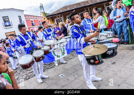 Antigua, Guatemala - September 15, 2015: Drummers march in street parade during Guatemalan Independence Day celebrations Stock Photo