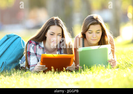 Front view of two concentrated students studying reading notes lying on the grass in a park Stock Photo
