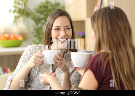 Two friends talking and drinking sitting on a sofa in the living room at home Stock Photo