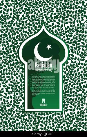 Pakistan Independence Day, August 14. Greeting card with oriental ornament, green leaves and symbol of Islam, star and crescent Stock Vector