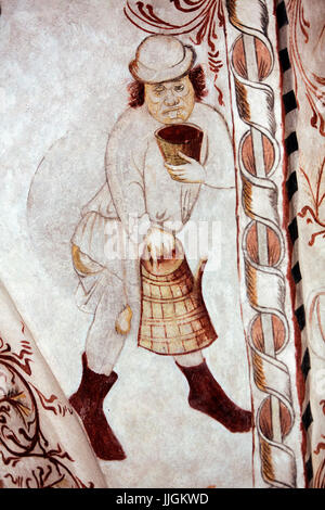 Danish nedieval religious fresco in Undloese Church depicting a drunkard by the Isefjord Master from around year 1450 A.D. Typical for the Isefjord Ma Stock Photo
