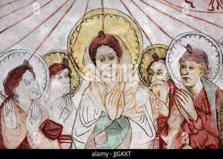 Danish nedieval religious fresco in Undloese Church depicting Virgin Mary and the apostels receiving the Holy Spirit at Whitsun painted by the Isefjor Stock Photo