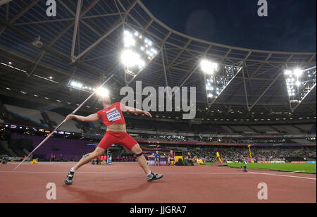 Beleraus' Andrei Mukha competes in the Men's Javelin Throw F13 Final during day six of the 2017 World Para Athletics Championships at London Stadium. PRESS ASSOCIATION Photo. Picture date: Wednesday July 19, 2017. See PA story ATHLETICS Para. Photo credit should read: Victoria Jones/PA Wire. Stock Photo