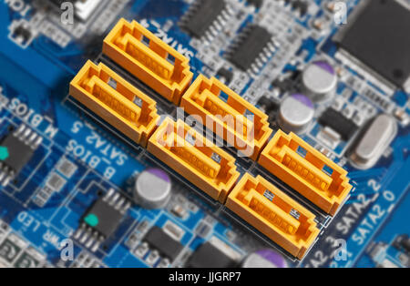 Motherboard SATA connectors. Focus on SATA Stock Photo