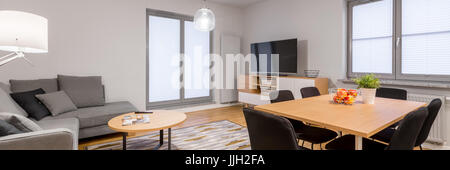 Luxury designed living room with sofa and wooden table, panorama Stock Photo