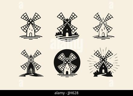 Windmill, mill logo or label. Flour, bakery icons set. Vector illustration Stock Vector