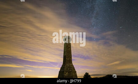 hardys monument at night with feint aurora borealis or northern lights cause sunspot AR2665 with the milky way and clouds, dorset, england, uk Stock Photo