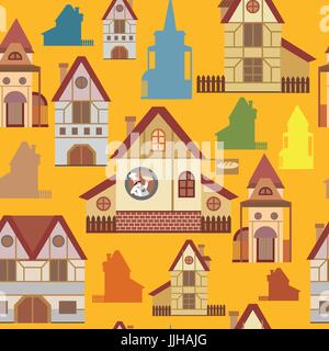 Seamless pattern with colorful cartoon houses in European style on yellow background Stock Vector