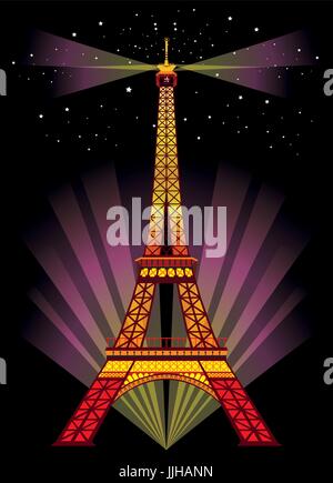 Vector Illustration: Colorful  Eiffel tower in night with spotlights and srars on black background Stock Vector