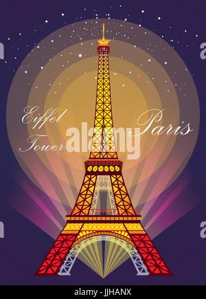 Vector Illustration: Colorful  Eiffel tower in night with spotlights and srars on dark purple background Stock Vector