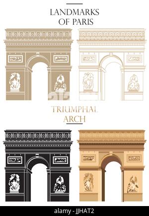 Set of vector isolated Triumphal Arch in black, white and colors: contour and silhouette on white background Stock Vector