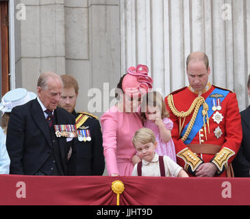 Duchess of Cambridge holding Princess Charlotte of Cambridge on the balcony at Buckingham Palace  Featuring: Princess Charlotte, Duchess of Cambridge, Prince George Where: London, United Kingdom When: 18 Jun 2017 Credit: WENN.com Stock Photo