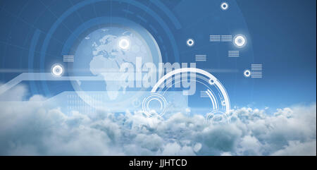 Holographic planet on dark background against clouds against blue sky Stock Photo