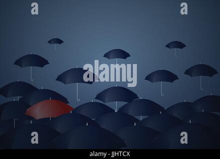 Red Umbrella Standing Out Of Crowd Individuality Concept Stock Vector