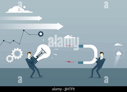 Business Man Holding Magnet Attract Light Bulbs New Ideas From Colleague Stock Vector