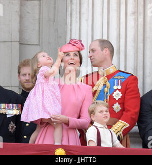 Duchess of Cambridge holding Princess Charlotte of Cambridge on the balcony at Buckingham Palace  Featuring: Princess Charlotte, Duchess of Cambridge, Prince George Where: London, United Kingdom When: 18 Jun 2017 Credit: WENN.com Stock Photo