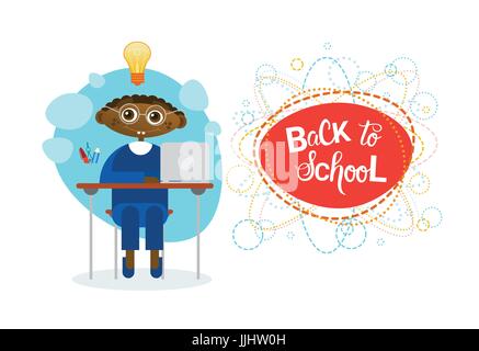 Back To School African American Pupil Boy Sitting At Desk Studing Stock Vector