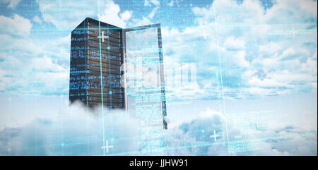 Blue matrix and codes against view of overcast against blue sky Stock Photo