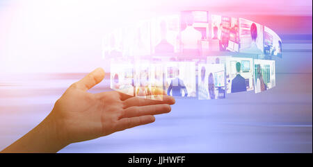 Close-up of cropped woman hand against modern stairs in office building Stock Photo