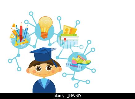Cute Liitle Boy Weating Graduation Cap And Gown Happy Cartoon Kid Scientist Stock Vector